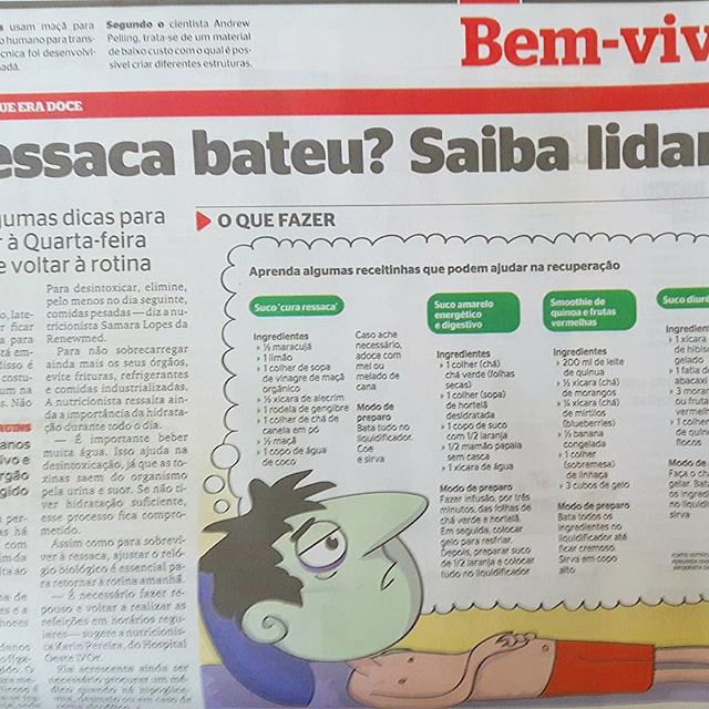 Começando a volta ao trabalho com #clippingrenewmed no jornal #extra sobre a #ressaca Ainda tem alguém por aí sofrendo com o final da folia?A @samaralopesnutri tem varias dicas maravilhosas!#dicadanutri #renewmed