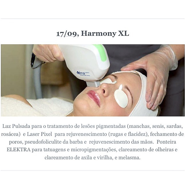 Agenda Setembro
17/09 – Harmony XL
Luz Pulsada (lesões pigmentadas e rosácea)
Pixel (laser erbium – rejuvenescimento)
Elektra (remoção de pigmentos, olheiras e tatuagens)