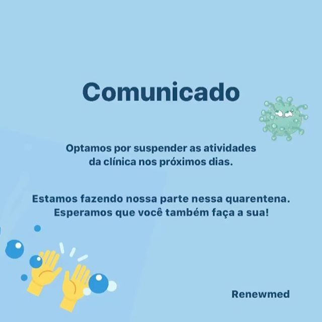 Comunicamos que suspendemos os atendimentos nos próximos dias. Assista o vídeo, faça as medidas de prevenção e fique em casa!Vamos cuidar uns dos outros, e nos ajudarmos durante a quarentena e depois também!