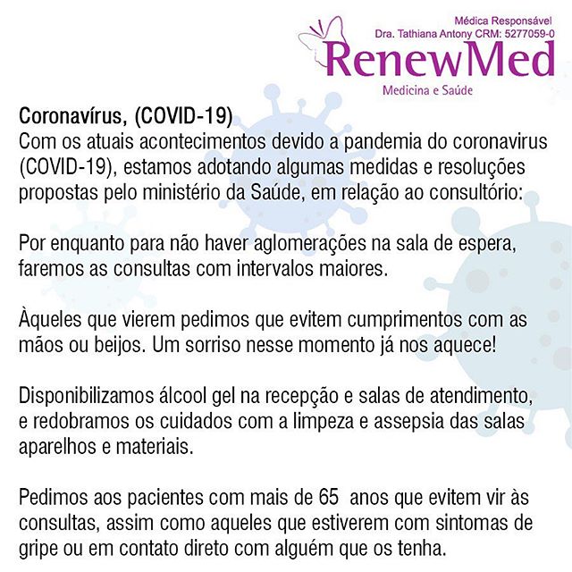 Essas são as recomendações em relação ao consultório. E lembramos que como todos estamos vivendo uma situação completamente nova, tudo pode mudar de um dia para o outro. Fiquemos atentos aos órgãos de saúde e às recomendações de cada localidade.