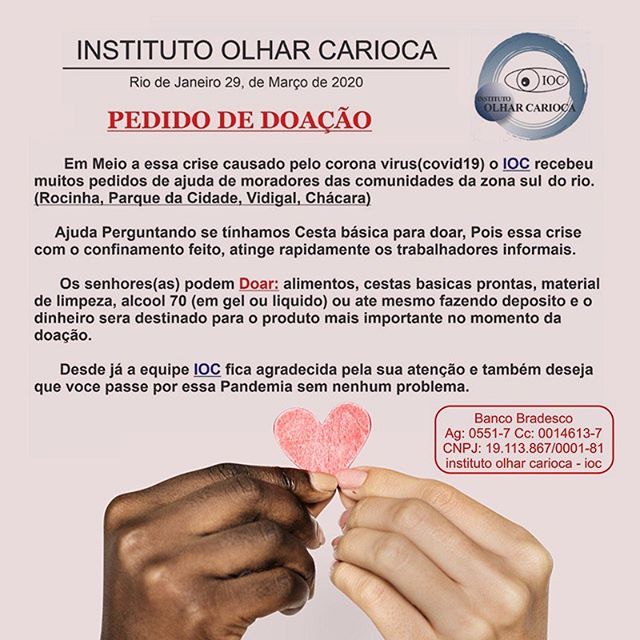 Recebi um pedido especial de um amigo que trabalha com uma instituição que ajuda moradores da rocinha e comunidades vizinhas. @institutoolharcarioca
Muitas famílias já estão sofrendo seriamente com essa crise. Muitas pessoas trabalhavam como autônomas ou informais e perderam sua fonte de renda .
Em alguns pontos famílias já passam fome.

Eu já estou ajudando e quem puder contribuir também, será muito bem vindo.
São pessoas sérias e com um coração de ouro.