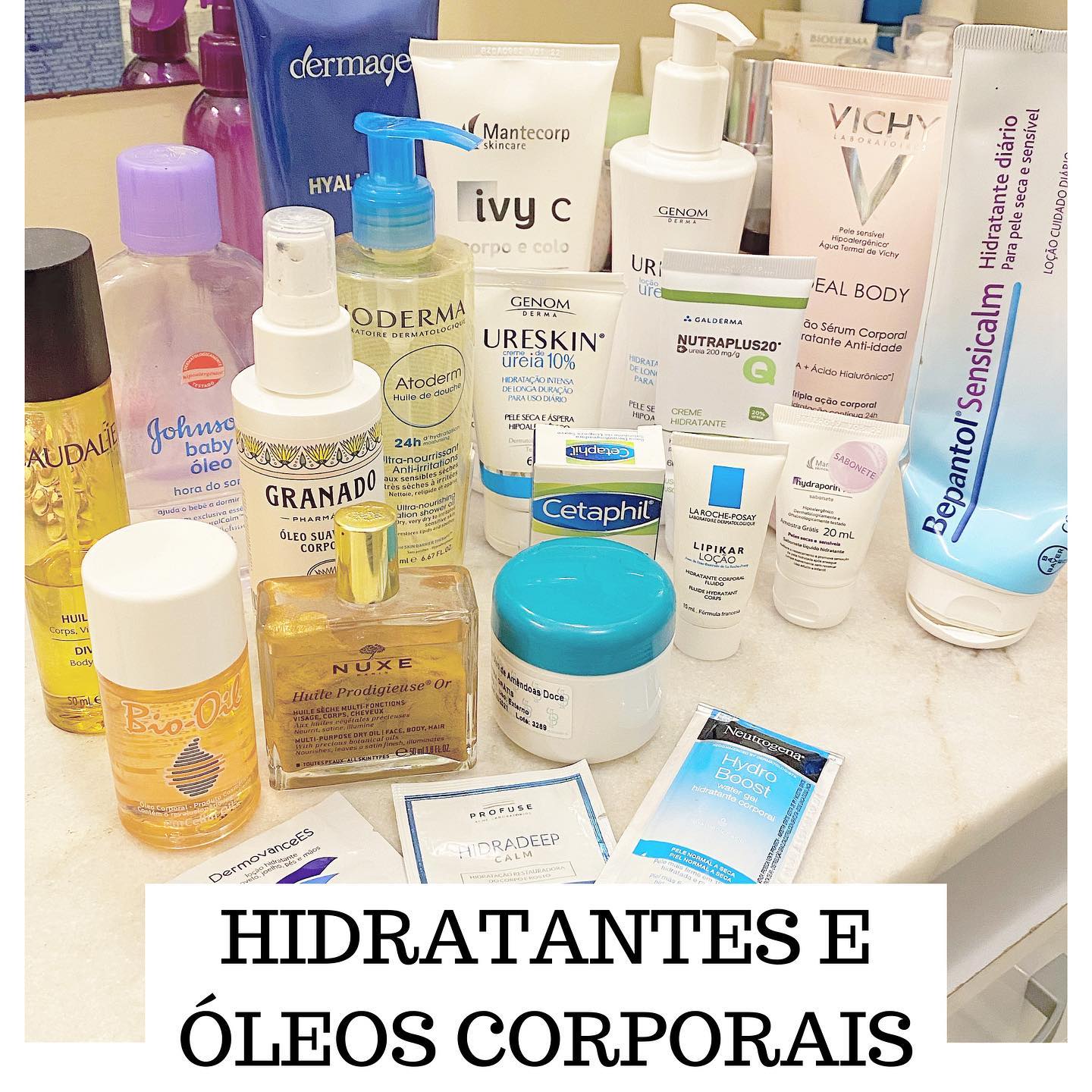 Aproveitando que tirei tudo para fazer foto dos produtos de cabelos, fotografei também meus creminhos de face e corpo para ir postando aqui para vocês alguns deles. Nessa sequência tenho alguns hidratantes e óleos corporais.Gosto muito de usar óleo de banho, mas desde que a quarentena me trouxe uma psoríase, mesmo que eu use o óleo, não dispenso o hidratante pós banho.O filhote tem dermatite atópica, também não fica sem o sabonete líquido hidratante e mais o “banho” de hidratante depois.Para a face revezo hidratantes mais simples, uns com efeito calmante e outros que já tem algum tratamento, esse hyalu 6 da foto é assim... nas próximas postagens trarei outros com essa proposta multi-tratamentos.A face do marido sofre com uma rosácea e dermatite seborreica ás vezes, então recorro a hidratantes mais calmantes e específicos.Por fim a hidratação labial. Tenho sempre algum balm na bolsa, pois ninguém merece lábios descascando por aí né!Nos próximos dias postarei produtinhos para fins mais específicos. Aceito sugestões!