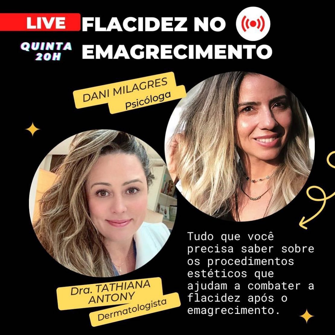 É hoje!!!! O convite da querida Dani @danimilagres foi repentino, mas aceito com o maior prazer!Não vai esquecer! 20h falaremos sobre a flacidez pós emagrecimento e as estratégias e tratamentos que podem ajudar!Te esperamos